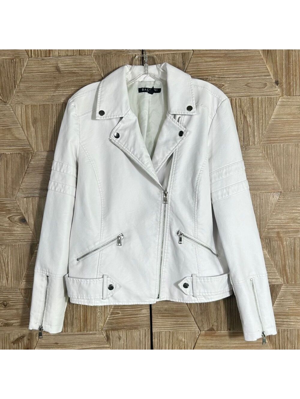 Baccini White Faux Leather Moto Biker Jacket Size Medium Modern Minimalist